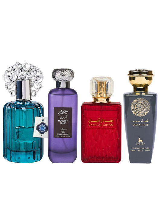 Set 4 Parfumuri Orientale de Barbati - Majd Emarat + Mousuff Blue + Ramz al Aryan + Qissat Hub Grey