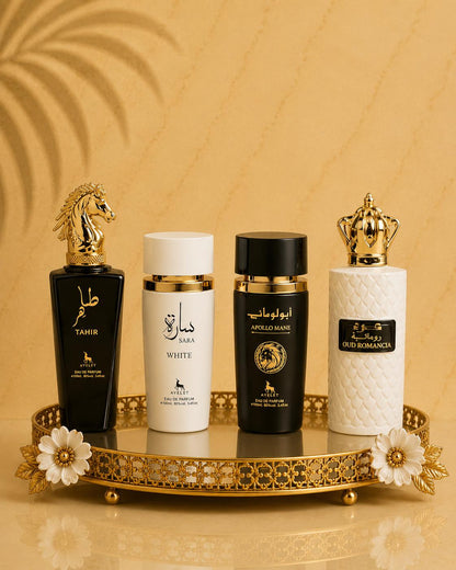 Set 4 Parfumuri Orientale ( 2xDama + 2xBarbat) - Tahir + Sara White + Apollo Black + Oud Romancia