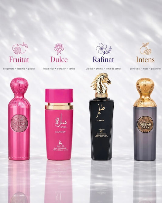 Set 4 Parfumuri Orientale ( 2xDama + 2xBarbat ) - Qissah Pink + Sara Candy + Tahir +  Qissah Grey