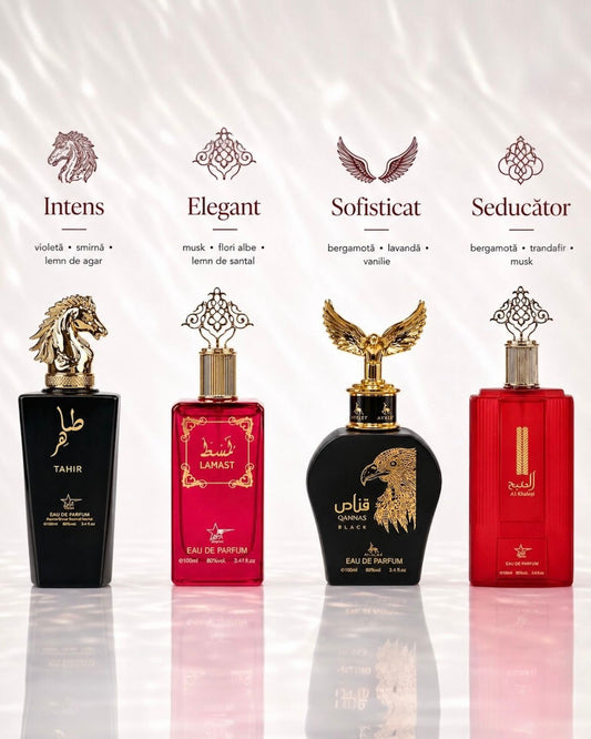 Set 4 Parfumuri Orientale ( 2xDama + 2xBarbat) - Tahir + Lamast + Al Khaleej + Qannas Black