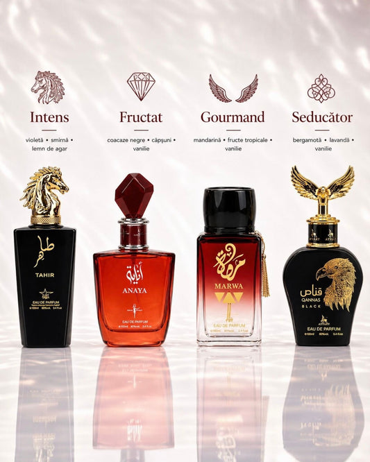 Set 4 Parfumuri Orientale ( 2xDama + 2xBarbat) - Tahir + Marwa + Anaya + Qannas Black
