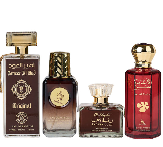 Set 4 Parfumuri Orientale ( 2xDama + 2xBarbat ) - Ameer Original + Ser Al Abdiah + Dirham Oud + Raghba Gold