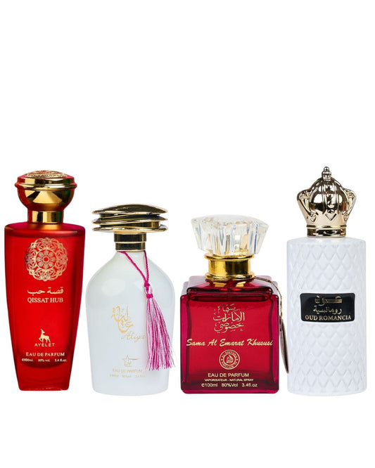Set 4 Parfumuri Orientale De Dama - Qissat Hub Red + Aliya + Sama Emarat + Oud Romancia