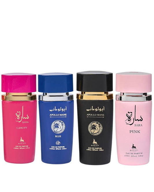 Set 4 Parfumuri Orientale ( 2xDama + 2xBarbat) - Sara Candy + Apollo Black + Apollo Blue + Sara Pink