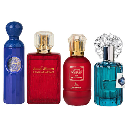 Set 4 Parfumuri Orientale ( 2xDama + 2xBarbat) - Gissah Blue + Ramz Al Aryan + Ser Al Fakhama + Majd al Emarat