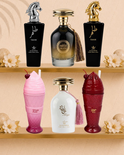 Set 6 Parfumuri Orientale ( 3xDama + 3xBarbat) - Tahir Gold + Jam Jam Pink + Ibda Al Oud + Aliya + Tahir Silver + Jam Jam Red
