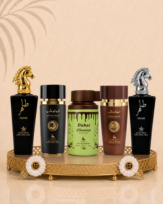 Set 5 Parfumuri Orientale Barbatesti - Tahir Gold + Apollo Black + Tahir Silver + Apollo Brown + Dubai Choco