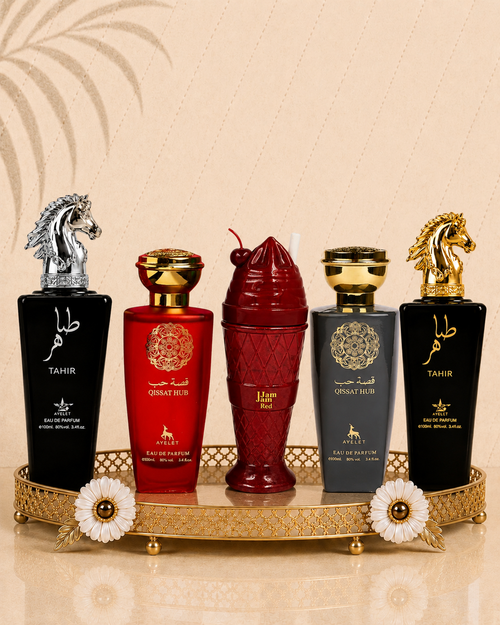 Set 5 Parfumuri Orientale (2xDama + 3xBarbat) - Tahir Gold + Qissat Hub Grey + Qissat Hub + Tahir Silver + Jam Jam Red