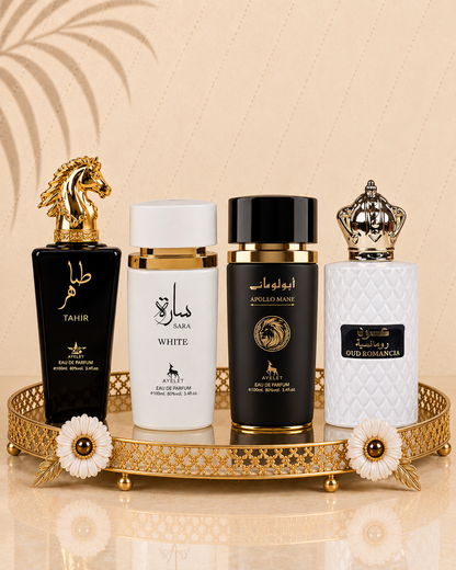 Set 4 Parfumuri Orientale ( 2xDama + 2xBarbat) - Apollo Black + Oud Romancia + Sara White + Tahir