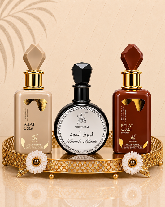 Set 3 Parfumuri Orientale de Dama - Éclat Vanilla + Farukh Black + Éclat Brownie