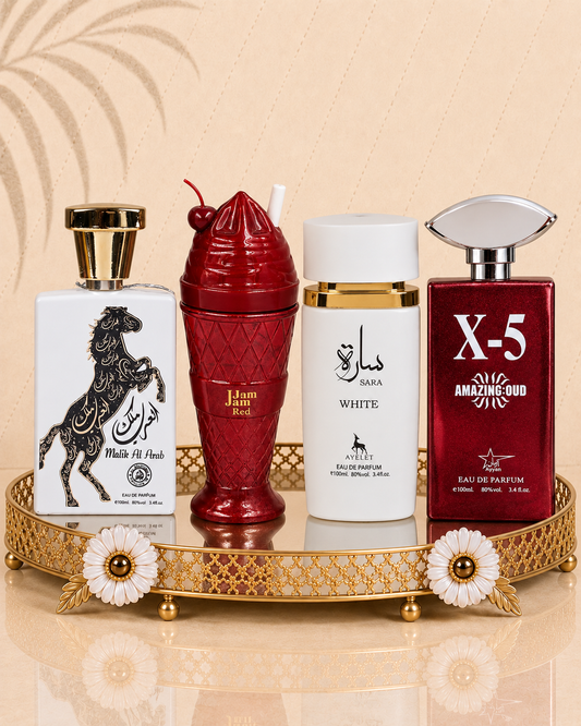 Set 4 Parfumuri Orientale (2x Barbat + 2x Dama) - Malik al Arab + Jam Jam Red + Sara White + X5 Amazing Oud