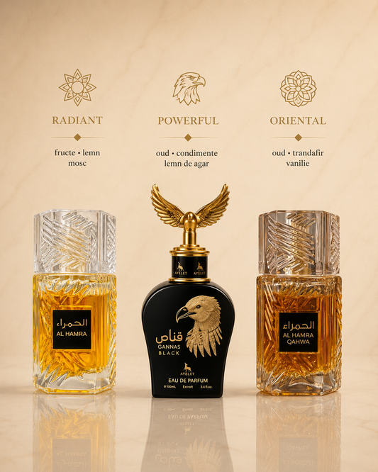 Set 3 Parfumuri Orientale De Barbati - Al Hamra Royal + Qannas Black + Al Hamra Qahwa