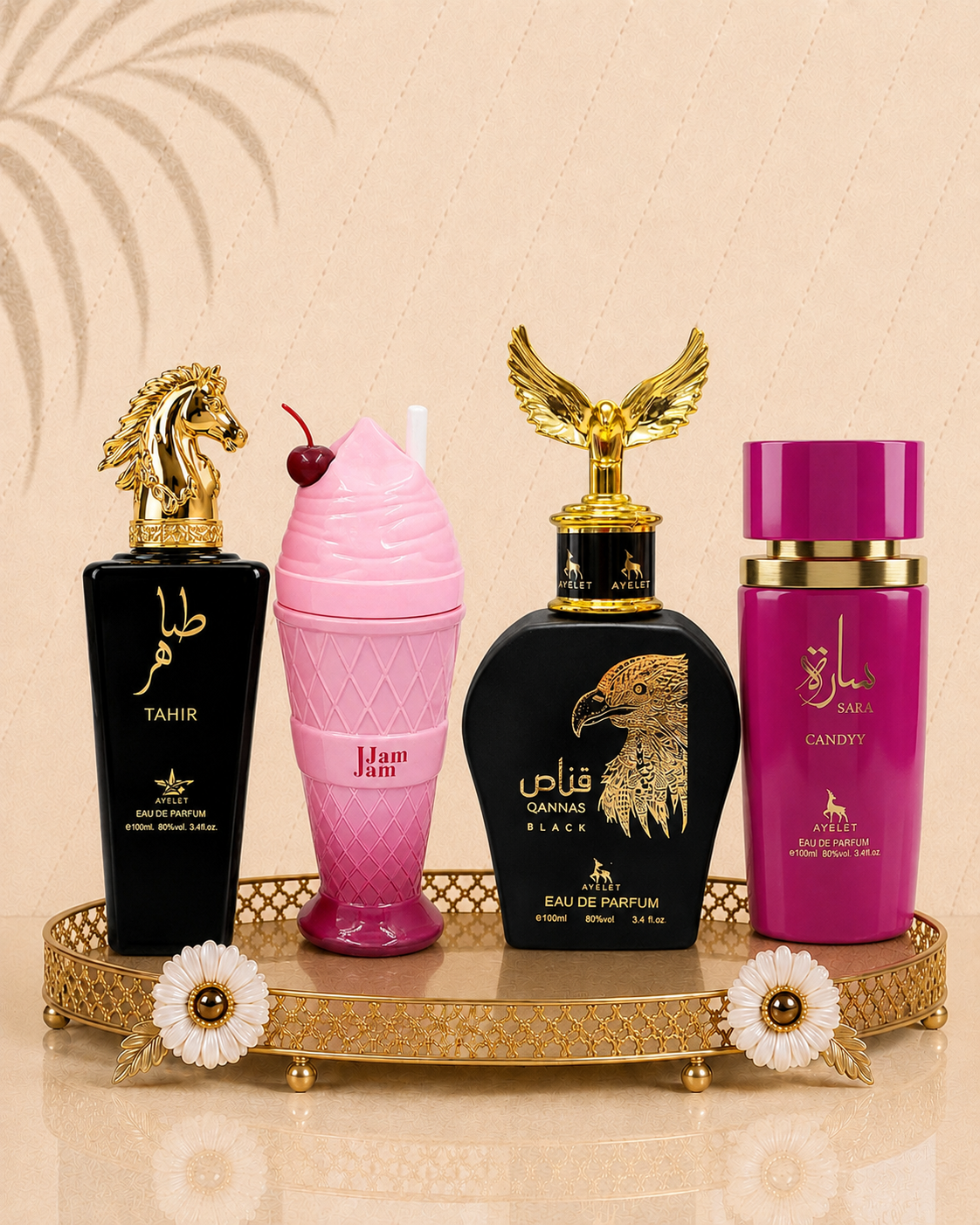Set 4 Parfumuri Orientale (2x Barbat + 2x Dama) - Tahir Gold + Jam Jam Pink + Qannas black + Sara Candy