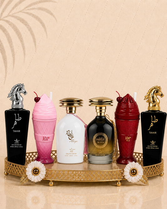 Set 6 Parfumuri Orientale ( 3xDama + 3xBarbat) - Tahir Gold + Jam Jam Pink + Ibda Al Oud + Aliya + Tahir Silver + Jam Jam Red