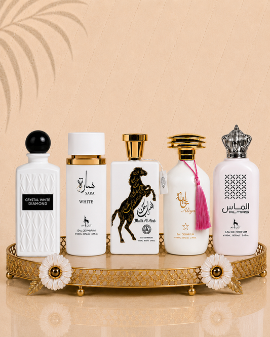 Set 5 Parfumuri Orientale ( 3xDama + 2xBarbat) - Sara White + Crystal White Diamonds + Malik al Arab + Aliya + Almas
