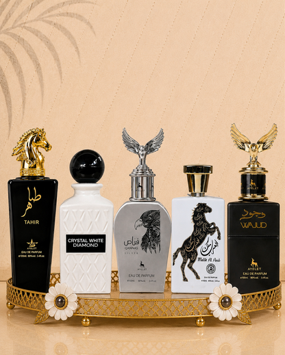 Set 5 Parfumuri Orientale Barbatesti - Qannas Silver + Malik al Arab + Tahir + Crystal White Diamonds + Wajud