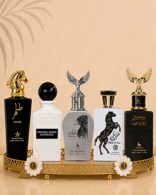 Set 5 Parfumuri Orientale Barbatesti - Qannas Silver + Malik al Arab + Tahir + Crystal White Diamonds + Wajud