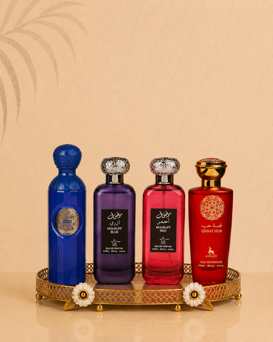 Set 4 Parfumuri Orientale ( 2xDama + 2xBarbat ) - Attar Gissah Blue + Mousuff Blue + Mousuff Red + Qissat Hub Red