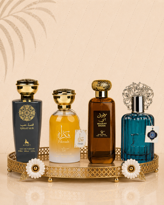 Set 4 Parfumuri Orientale de Barbati -  Qissat Hub Gray + Fikrah + Mousuff Brown + Majd Al Emarat