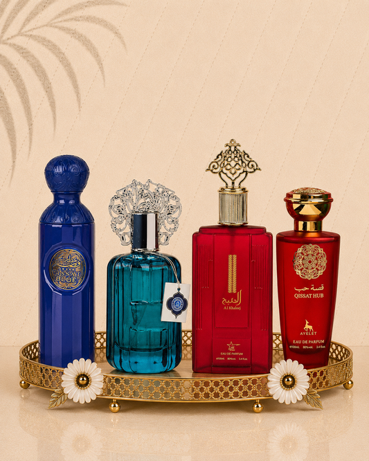 Set 4 Parfumuri Orientale ( 2xDama + 2xBarbat ) - Gissah Blue + Majd Al Emarat + Lamast + Qissat Red