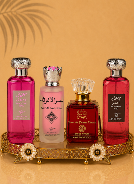 Set 4 Parfumuri Orientale De Dama - Mousuff Pink + Anoutha + Sama Al Emarat + Mousuff Red