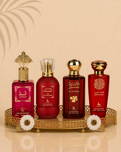 Set 4 Parfumuri Orientale De Dama - Lamast + Ser Al Fakhama + Ser Al Abdiah +Qissat Hub Red