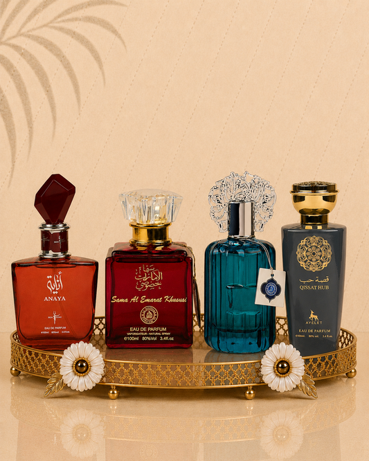 Set 4 Parfumuri Orientale ( 2xDama + 2xBarbat) - Anaya + Sama Al Emarat + Majd Al Emarat + Qissat Hub Grey