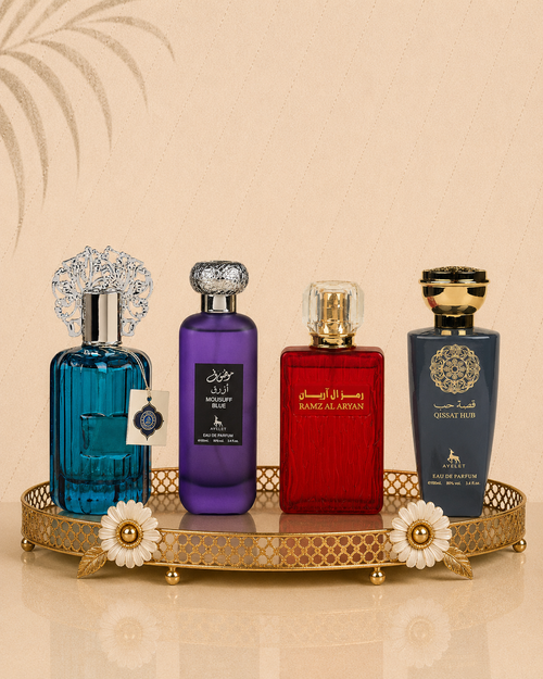 Set 4 Parfumuri Orientale de Barbati - Majd Emarat + Mousuff Blue + Ramz al Aryan + Qissat Hub Grey