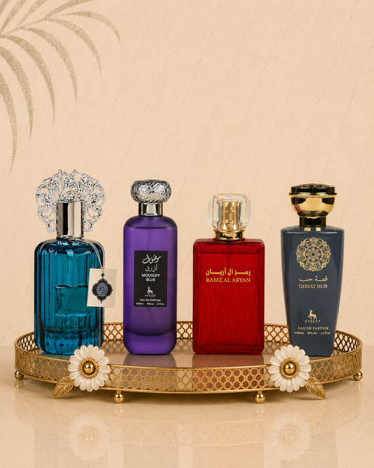 Set 4 Parfumuri Orientale de Barbati - Majd Emarat + Mousuff Blue + Ramz al Aryan + Qissat Hub Grey