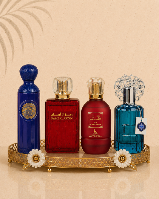 Set 4 Parfumuri Orientale ( 2xDama + 2xBarbat) - Gissah Blue + Ramz Al Aryan + Ser Al Fakhama + Majd al Emarat