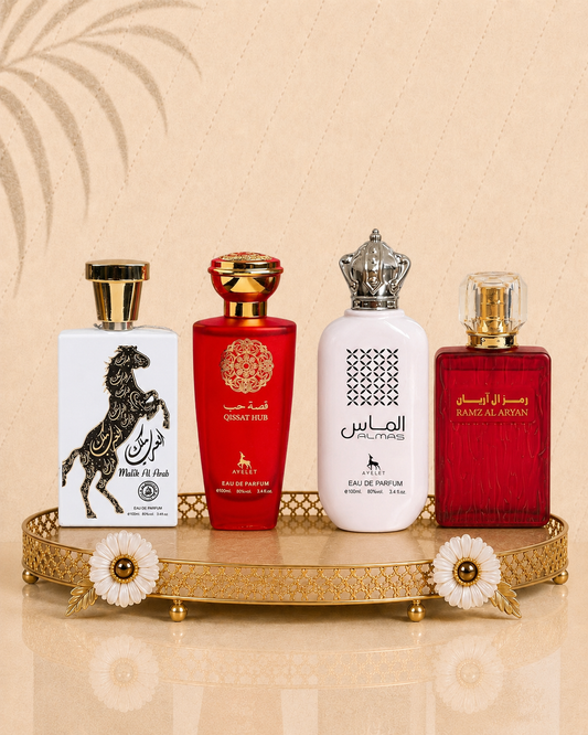 Set 4 Parfumuri Orientale ( 2xDama + 2xBarbat) - Malik al Arab + Qissat Hub Red + Almas + Ramz Aryan