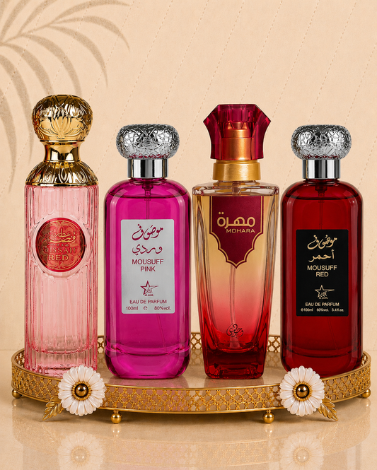 Set 4 Parfumuri Orientale De Dama - Gissah Red + Mousuff Pink + Mousuff Red + Mohara