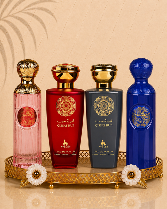 Set 4 Parfumuri Orientale ( 2xDama + 2xBarbat ) - Attar Gissah Blue + Qissat Hub Grey + Qissat Hub Red + Gissah Red