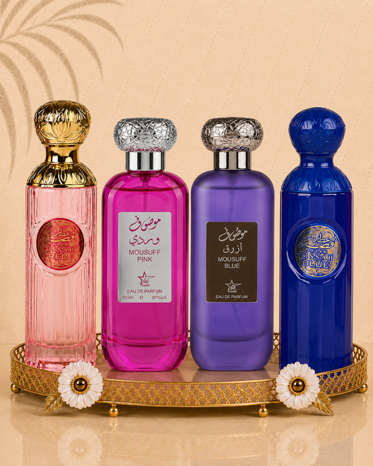 Set 4 Parfumuri Orientale ( 2xDama + 2xBarbat ) - Gissah Red + Mousuff Pink + Mousuff Blue + Gissah Blue