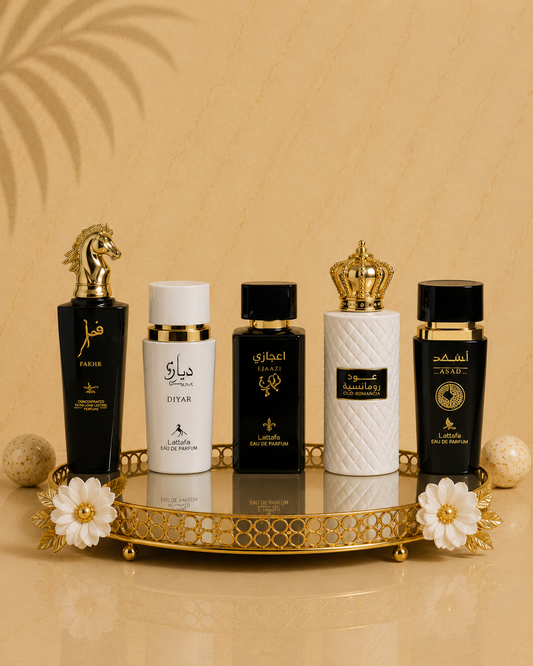 Set 5 Parfumuri Orientale ( 2xDama + 3xBarbat) - Tahir + Sara White + Apollo Black + Oud Romancia + Ayati Black