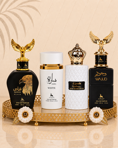 Set 4 Parfumuri Orientale ( 2xDama + 2xBarbat) - Qannas Black + Oud Romancia + Sara White + Wajud