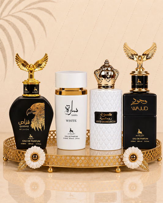 Set 4 Parfumuri Orientale ( 2xDama + 2xBarbat) - Qannas Black + Oud Romancia + Sara White + Wajud