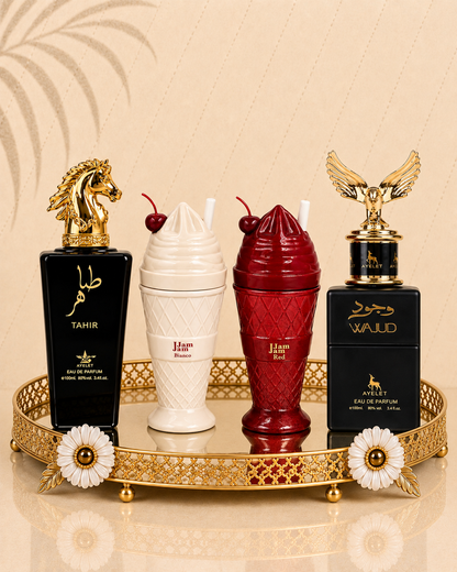 Set 4 Parfumuri Orientale (2x Barbat + 2x Dama) - Tahir Gold + Jam Jam Red + Jam Jam Pink + Wajud