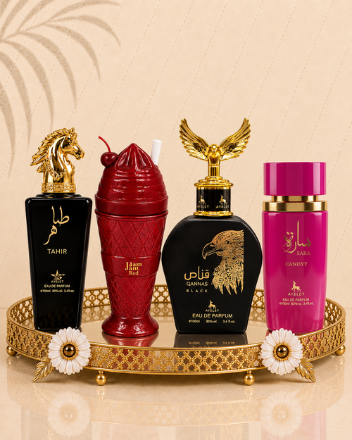 Set 4 Parfumuri Orientale (2x Barbat + 2x Dama) - Tahir Gold + Jam Jam Red + Qannas Black + Sara Candy