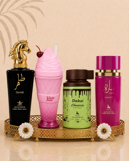 Set 4 Parfumuri Orientale (2x Barbat + 2x Dama) - Tahir + Jam Jam + Dubai Choco + Sara Candy