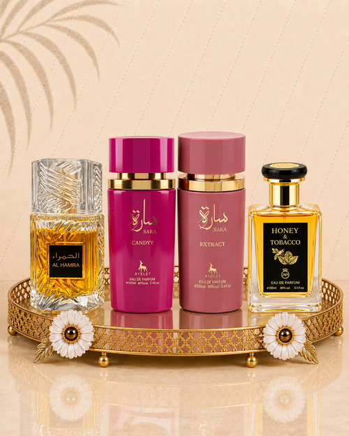 Set 4 Parfumuri Orientale ( 2xDama + 2xBarbat) - Sara Candy + Al Hamra Royal + Honey & Tobacco + Sara Extract