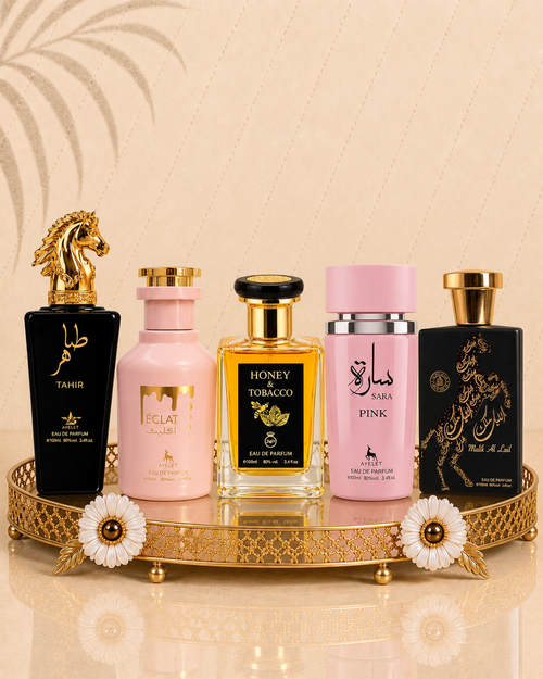Set 5 Parfumuri Orientale ( 2xDama + 3xBarbat) - Tahir + Eclat + Honey & Tobacco + Sara Pink + Malik al Lail