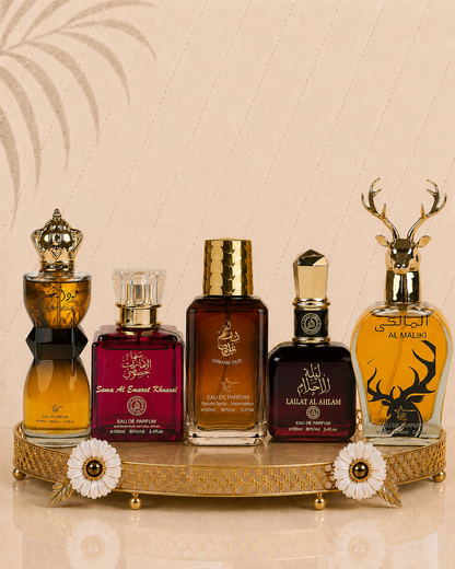 Set 5 Parfumuri Orientale ( 3xDama + 2xBarbat ) - Oud al Khashab + Sama Emarat + Dirham Oud + Lailat Ahlam + Maliki