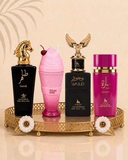 Set 4 Parfumuri Orientale (2x Barbat + 2x Dama) - Tahir Gold + Jam Jam Pink + Wajud + Sara Candy