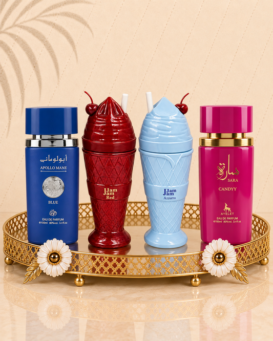 Set 4 Parfumuri Orientale (2x Barbat + 2x Dama) - Apollo Blue + Jam Jam Red + Jam Jam Azzuro + Sara Candy