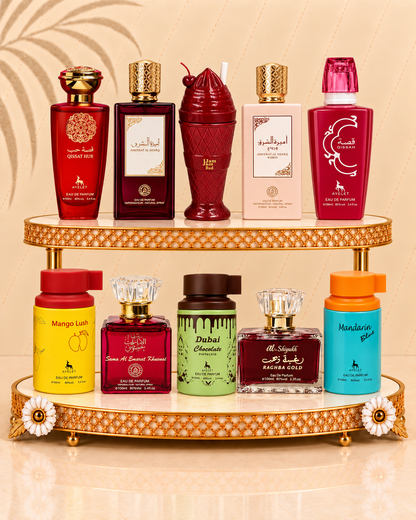 Set 10 Parfumuri Orientale de Dama - Qissat Hub Red + Ameerat Al Sharq + Jam Jam Red + Ameerat Al Sharq Wardi + Qissah Pink + Mandarin Blue + Mango Lush + Dubai Choco + Sama El Emarat + Raghba Gold