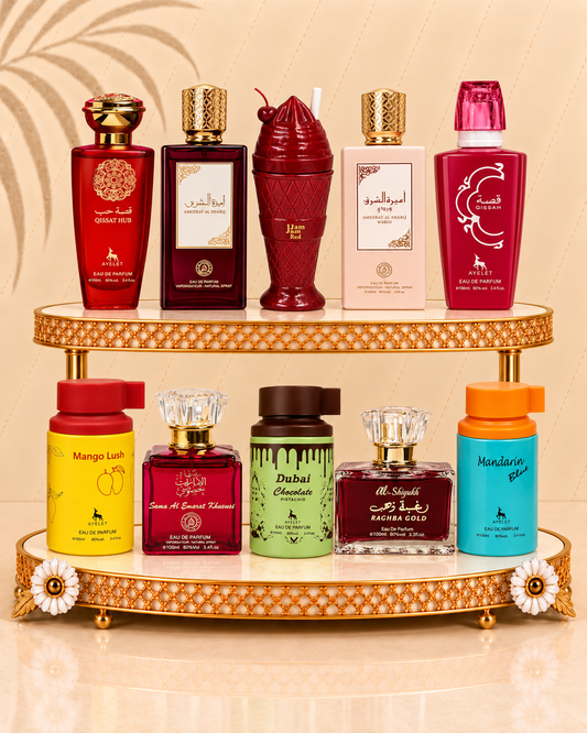 Set 10 Parfumuri Orientale de Dama - Qissat Hub Red + Ameerat Al Sharq + Jam Jam Red + Ameerat Al Sharq Wardi + Qissah Pink + Mandarin Blue + Mango Lush + Dubai Choco + Sama El Emarat + Raghba Gold
