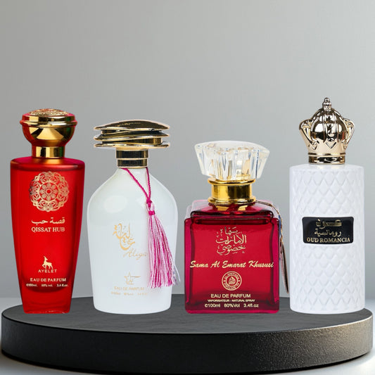 Set 4 Parfumuri Orientale de Dama - Qissat Hub Red + Aliya + Sama Al Emarat + Oud Romancia