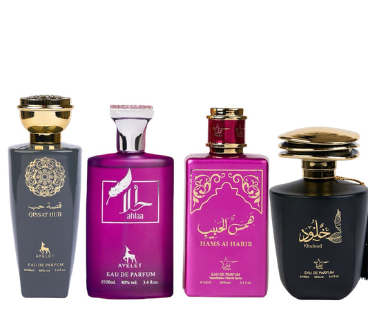 Set 4 Parfumuri Orientale ( 2xDama + 2xBarbat ) - Qissat Hub Grey + Ahlaa + Hams Al Habib + Khulood
