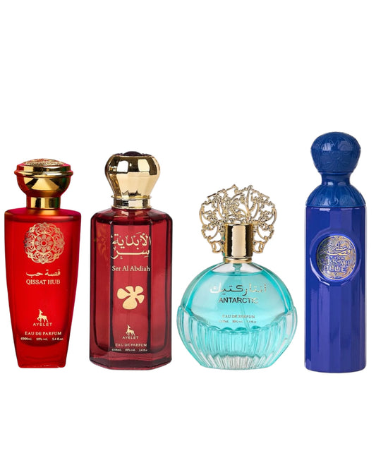 Set 4 Parfumuri Orientale ( 2xDama + 2xBarbat ) - Qissat Hub Red + Ser al Abdiah + Antartic Blue + Gissah Blue